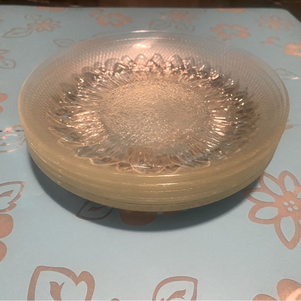 🌻PASARI🌻 5-PC SET VTG CLEAR GLASS SUNFLOWER INDONESIAN SALAD DECRETIVE PLATES